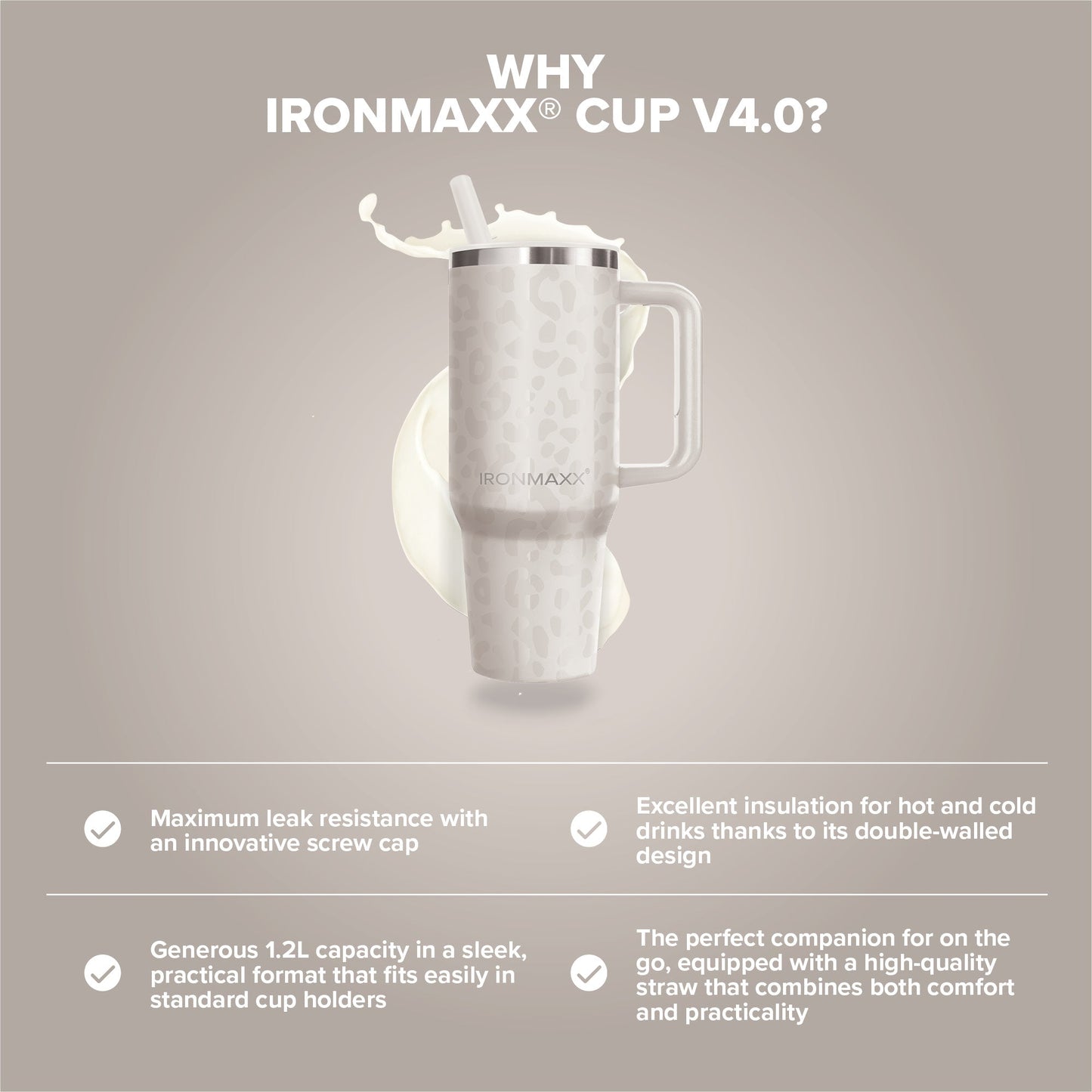 IronMaxx Cup with Handle, Featuring a White Leopard Pattern