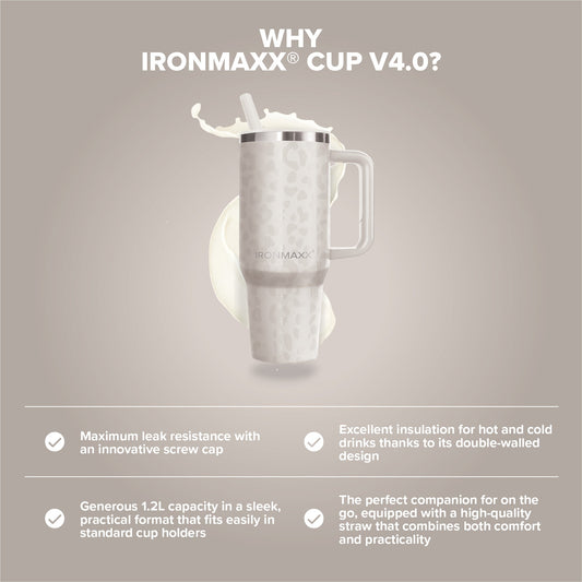 IronMaxx Cup with Handle, Featuring a White Leopard Pattern