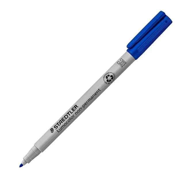 Staedtler Lumocolor non-permanent markers in black and blue.