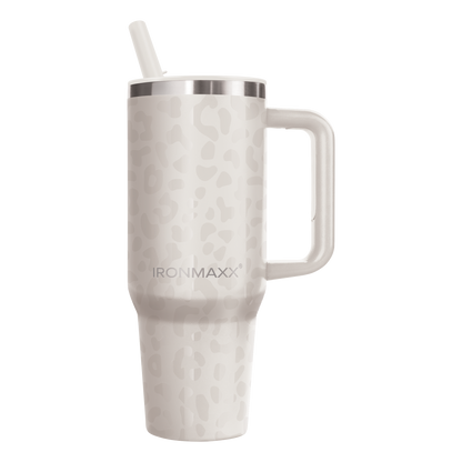 IronMaxx Cup with Handle, Featuring a White Leopard Pattern